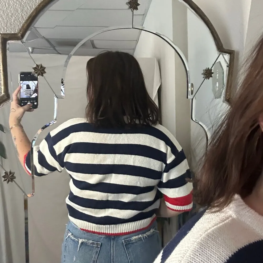 Vintage Cropped Striped Short Sleeve Sweater Top White Blue Size Small - Image 2