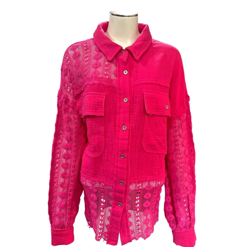Andree By Unit XL Hot Pink Cotton Lace Shacket Button Front Textured Boho Core - Image 2