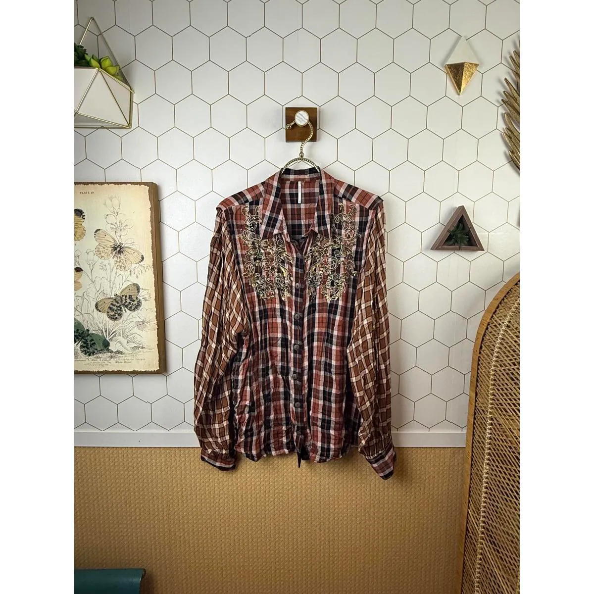 Free People Red Plaid Snow Top Mountains Sequence Button-Up - Size - Large - Image 2