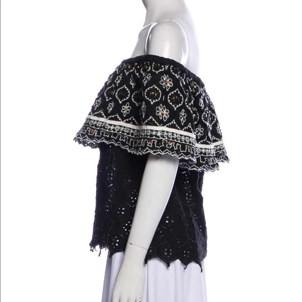 Hemant & Nandita Mavra Black Eyelet Lace Off the Shoulder Embroidered Blouse S - Image 5