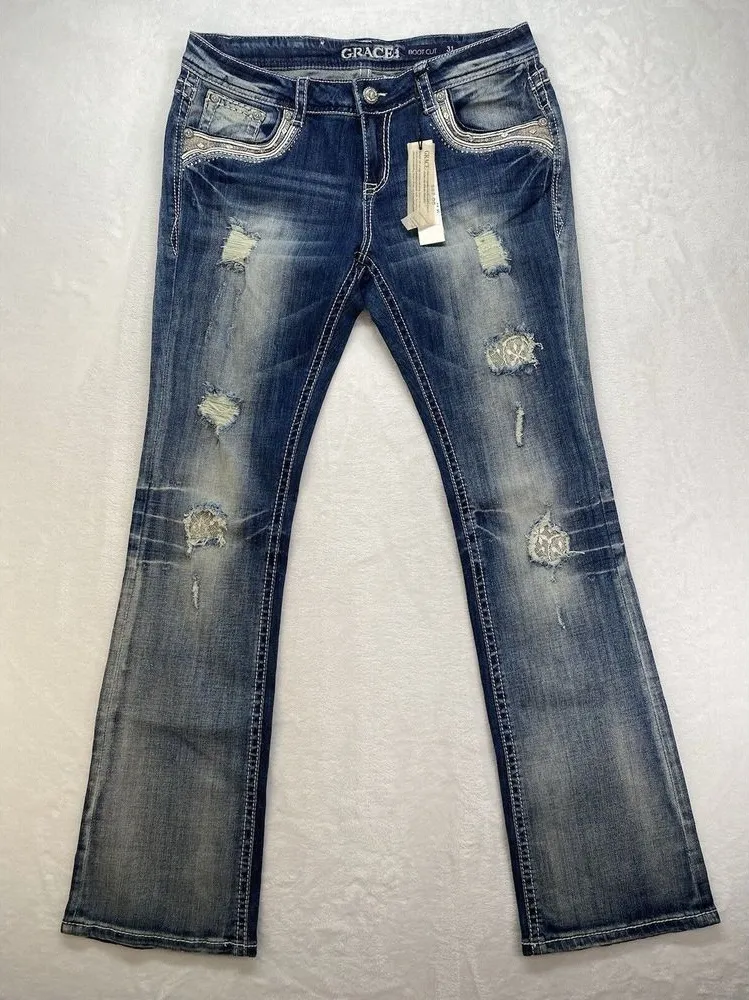 New Grace in LA jeans Womens sz 31 embellished pockets aztec lace denim bootcut - Image 1