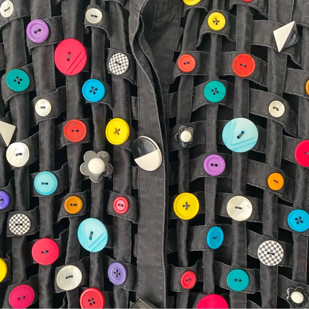 Vintage Yak Magik Woven Lattice Button Embellished Colorful Black Top Tunic - Image 8