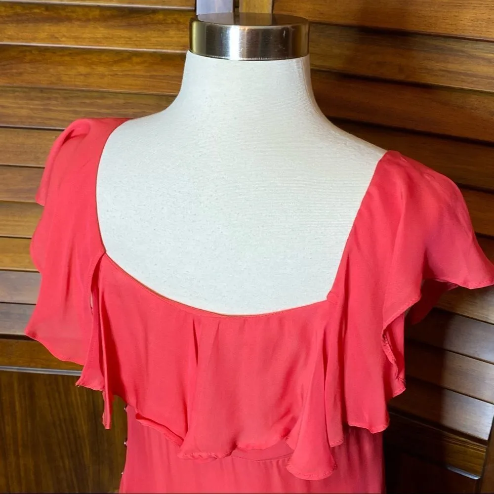 Nicole Miller Collection Silk Flutter Sleeve Coral Dress - Image 5