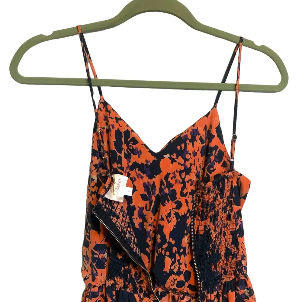 Parker 100% silk Floral Printed Navy Orange Purple ruched flare mini dress - Image 7