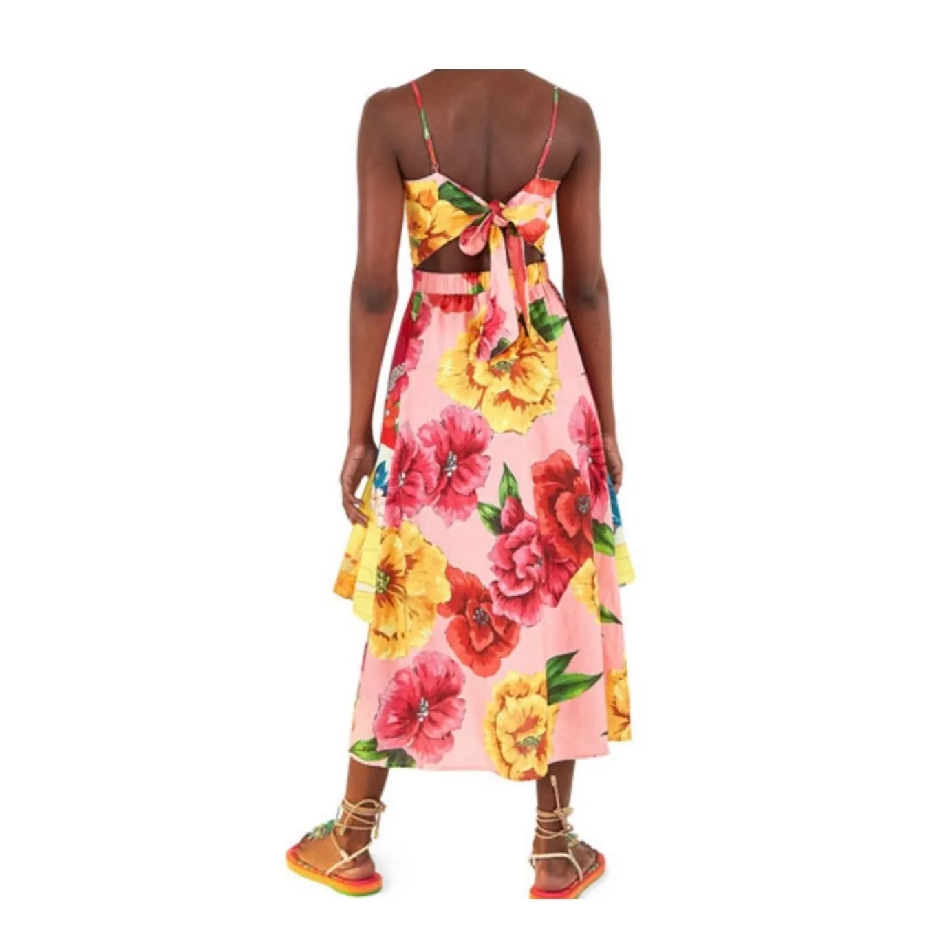 Farm Rio Chita Pink Floral Print Square Neck Tie Back Linen Midi Dress Size XS - Image 3