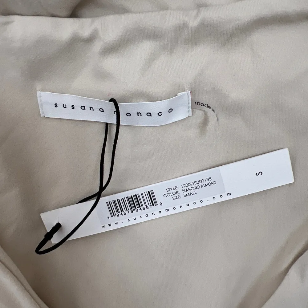 Susana Monaco V Neck Jumpsuit Size Small Beige (Almond)‎ Wide Leg Ruched Stretch - Image 5