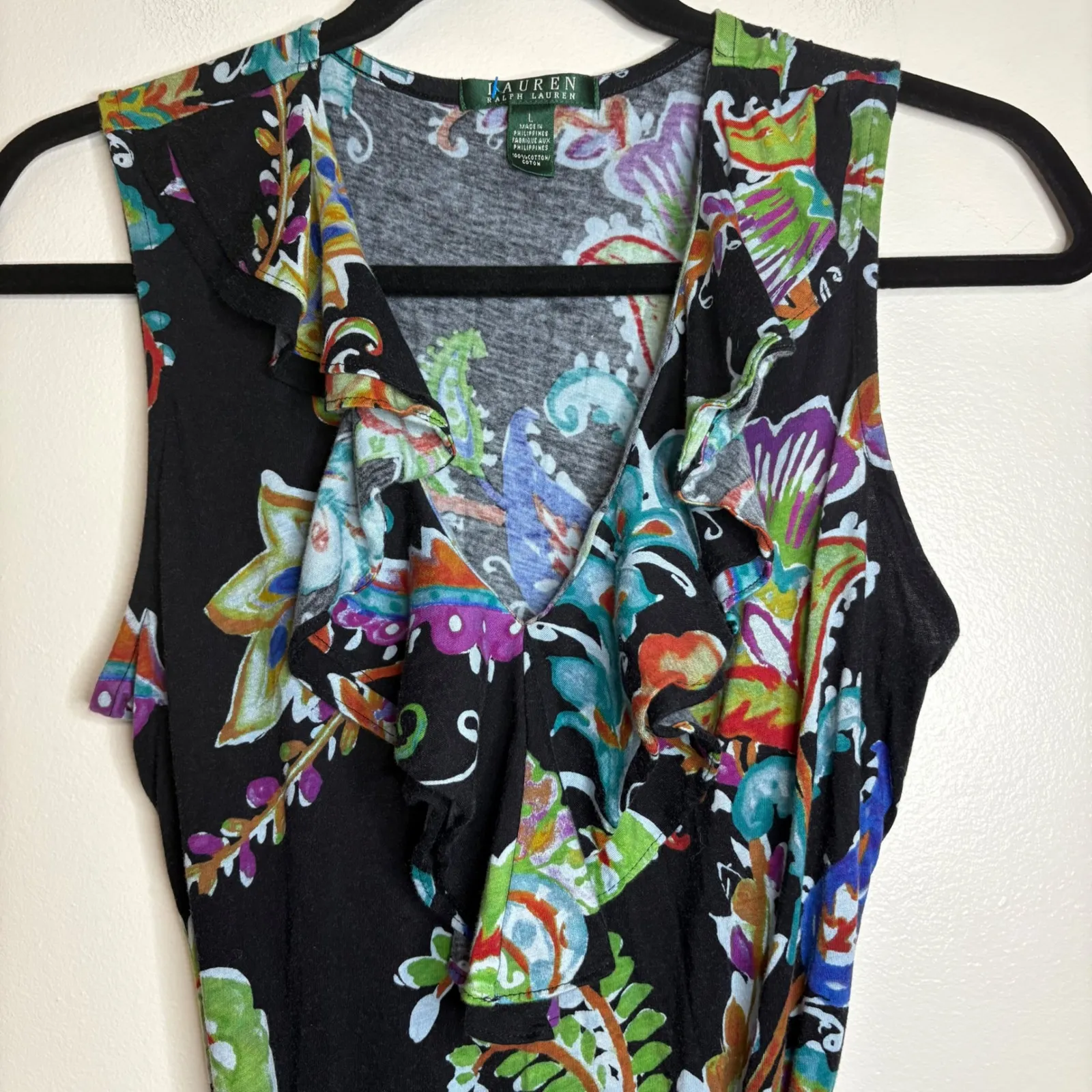 Lauren Ralph Lauren Black Paisley Ruffle V Neck‎ Sleeveless Maxi Dress Belted L - Image 4