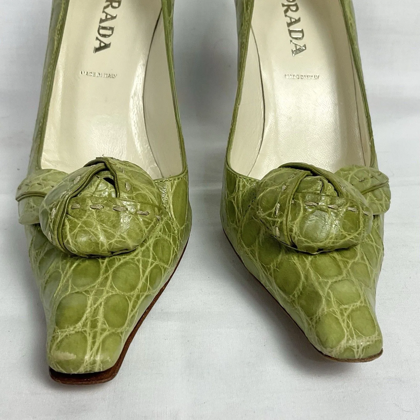 Prada Vintage Knot Croc Print Heels Leather Green Pumps Sz 35.5 (Prada) US 5.5 - Image 3
