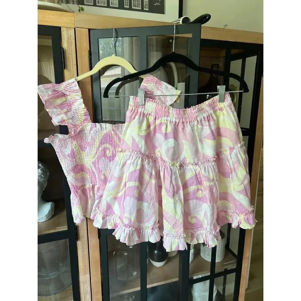 HILL HOUSE SET The Paz Nap Linen Crop Top and Skirt Candy Kaleidoscope smocked - Image 6