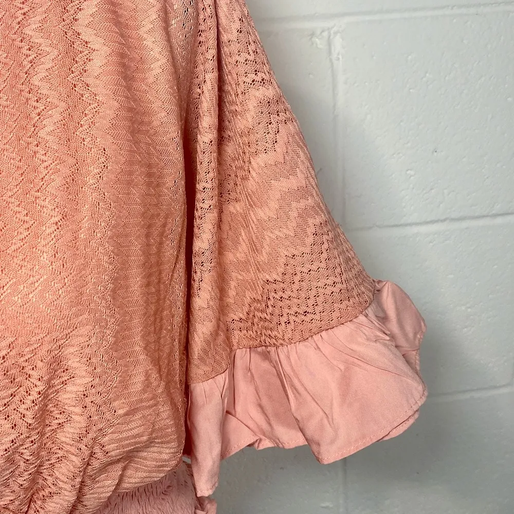 Blue Blush Faux Wrap Cropped Flutter Sleeve Shirred Smocked Peach Blouse - Image 2