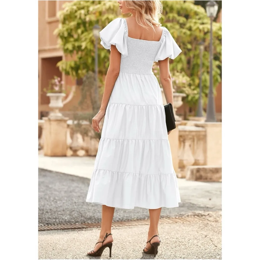 Pretty Garden Ethereal Dainty Tiered Midi Dress White Small Bubble Sleeve NWT - Image 5