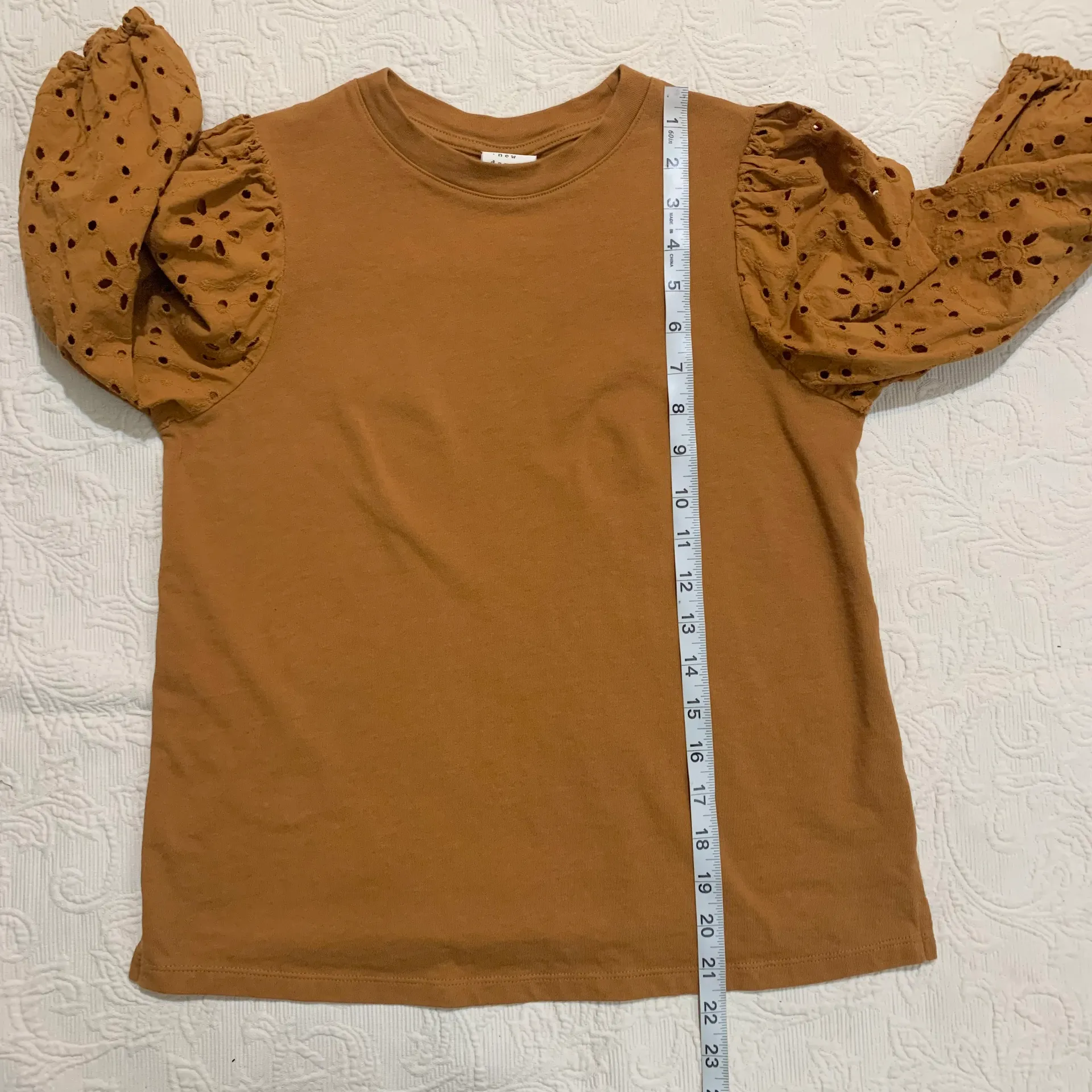 Saddle Brown Eyelet 3/4 Puff Sleeve Crew Neck Casual Blouse - Image 7