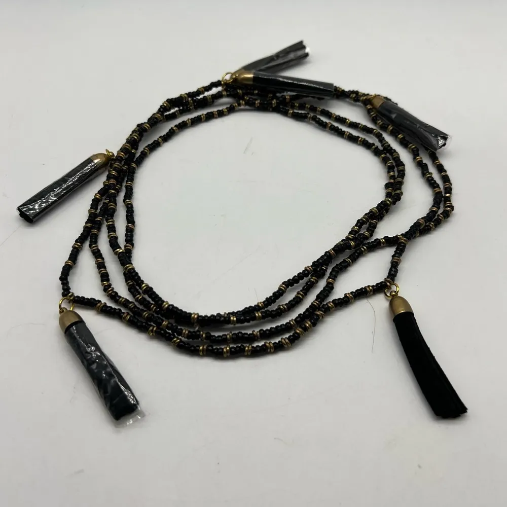 NEW black and gold beaded lariat necklace with five black tassels - Image 7