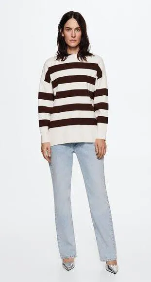 MNG Women's Cream Brown Striped Mock Neck Oversized Pullover Sweater Size L Size L - Image 1