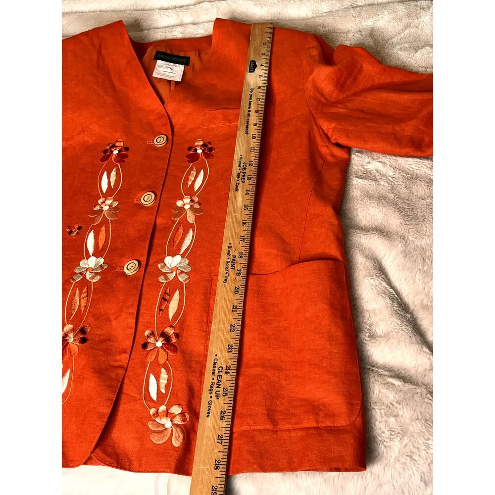 VTG Harve' Bernard womens n size 14 blazer orange linen bumble bee embroidery - Image 4