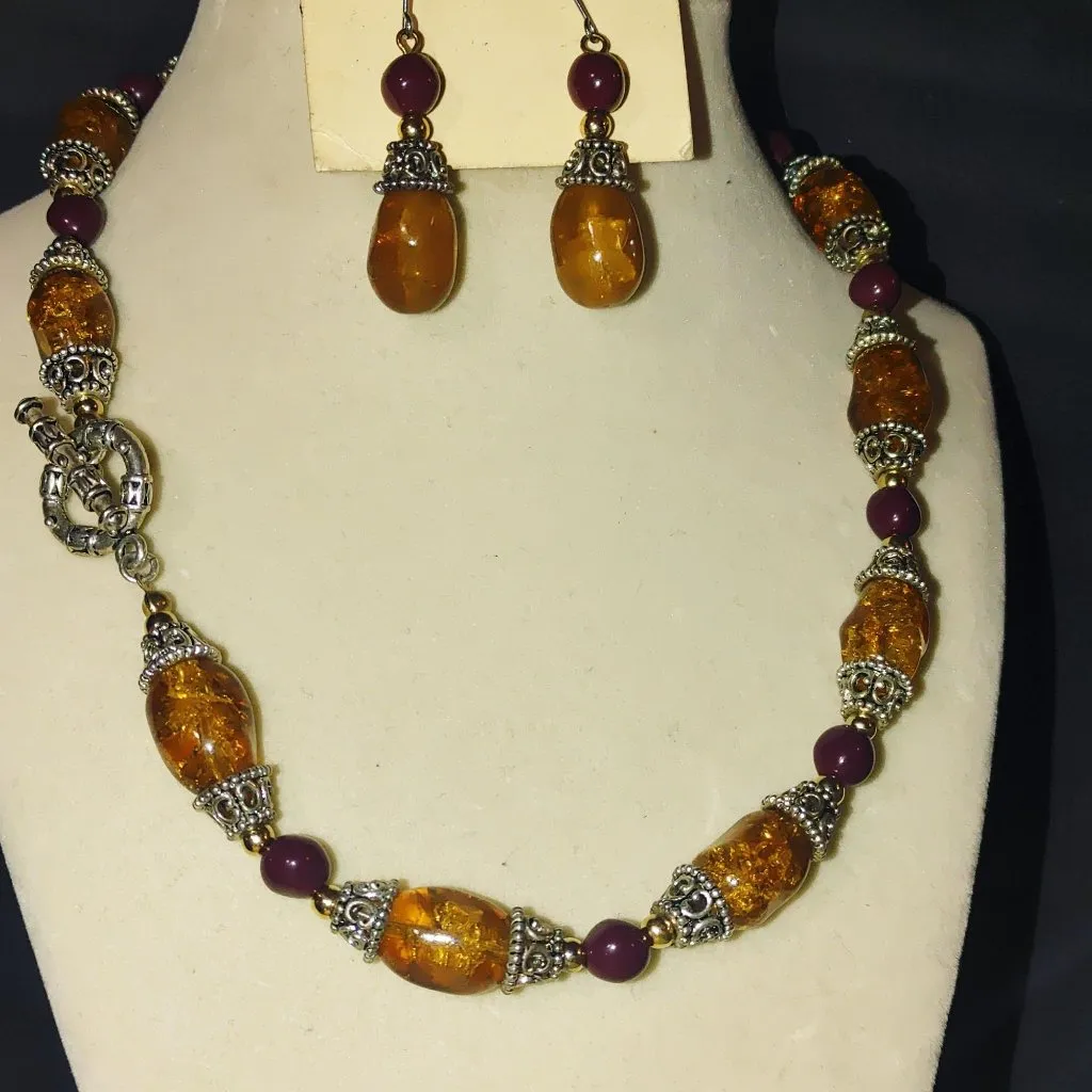 Amber Garnet Faux Colored Two Tone Bead Necklace Toggle Earrings Set 18 Inch - Image 5