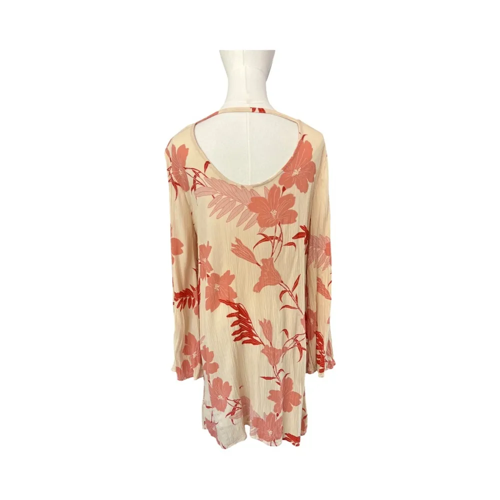 Roxy Floral Bell Sleeve Mini Dress M Boho Cream Red Open Back Beach Cover Up - Image 8