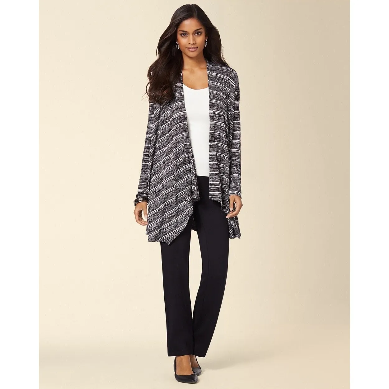 Soma Womens Cardigan Sz S Black Ivory Stripe Drape Front Wrap Melange Cozy - Image 2