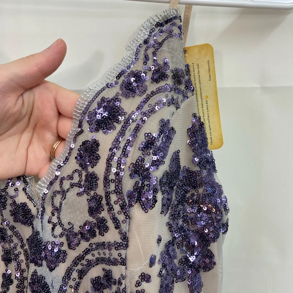 NEW women’s nude tan purple blue lace‎ sequin lined deep v stretch mini dress S - Image 2