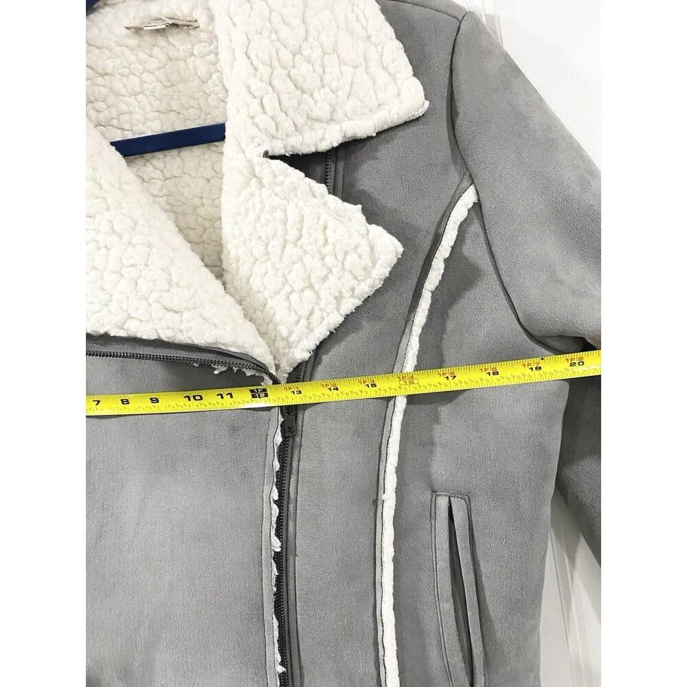LOFT Women's Moto Jacket Sz Small Asymetrical Sherpa Gray Suede - Image 9