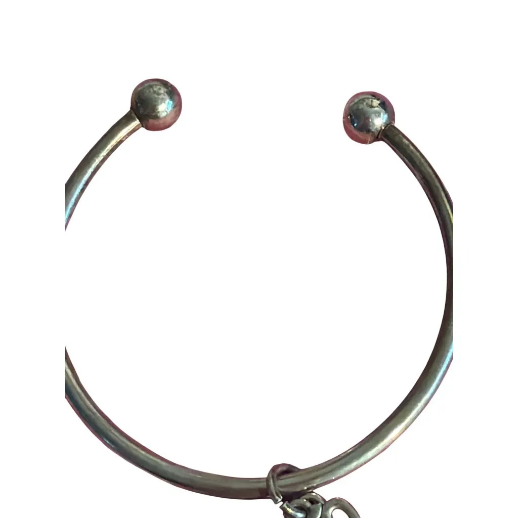 Om Symbol Charm Silver Tone Bangle Cuff Bracelet 6.5" Pendant 16.33g - Image 3