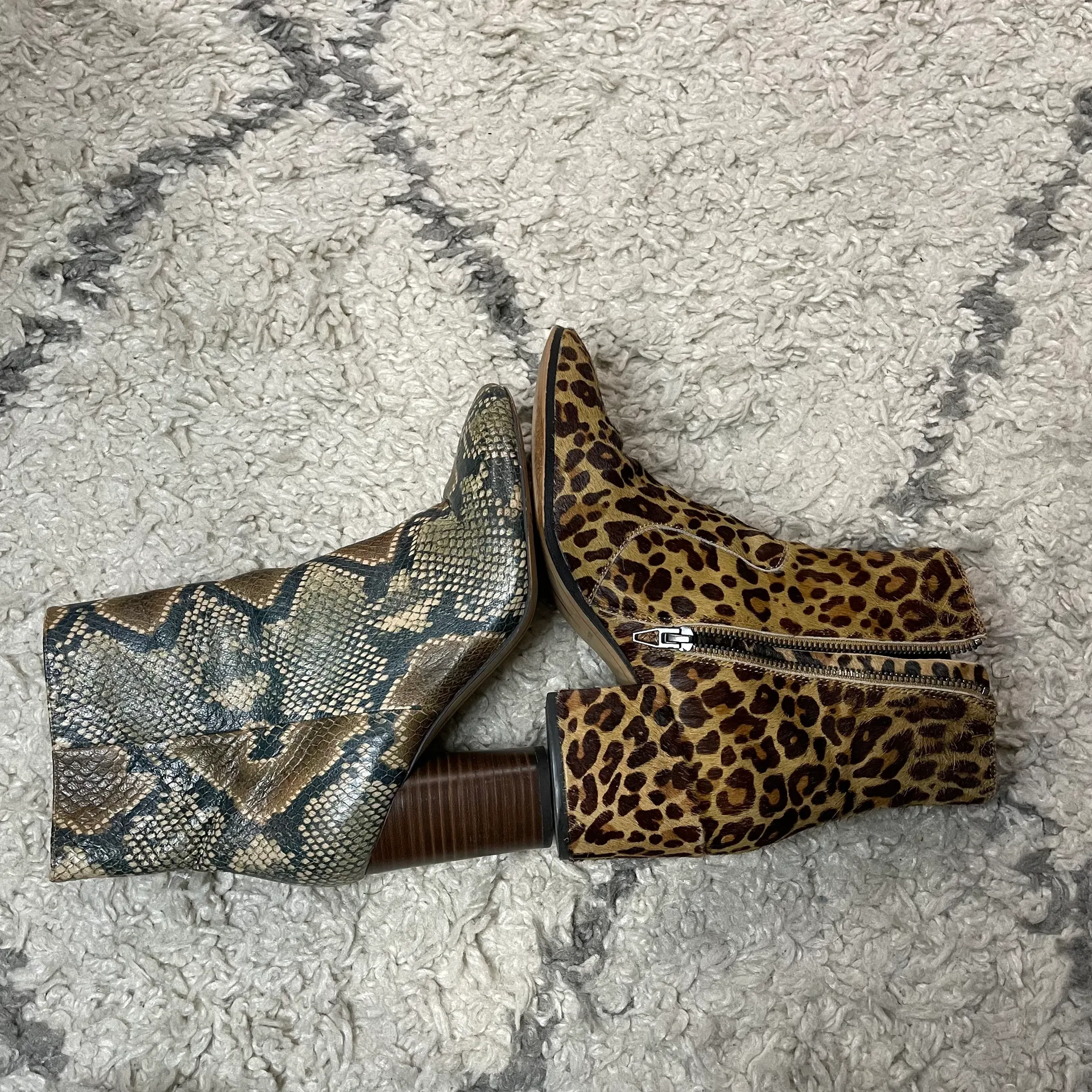 Bel Point Toe Booties Dark Leopard Calf Hair Chunky Heel Leather - Image 10