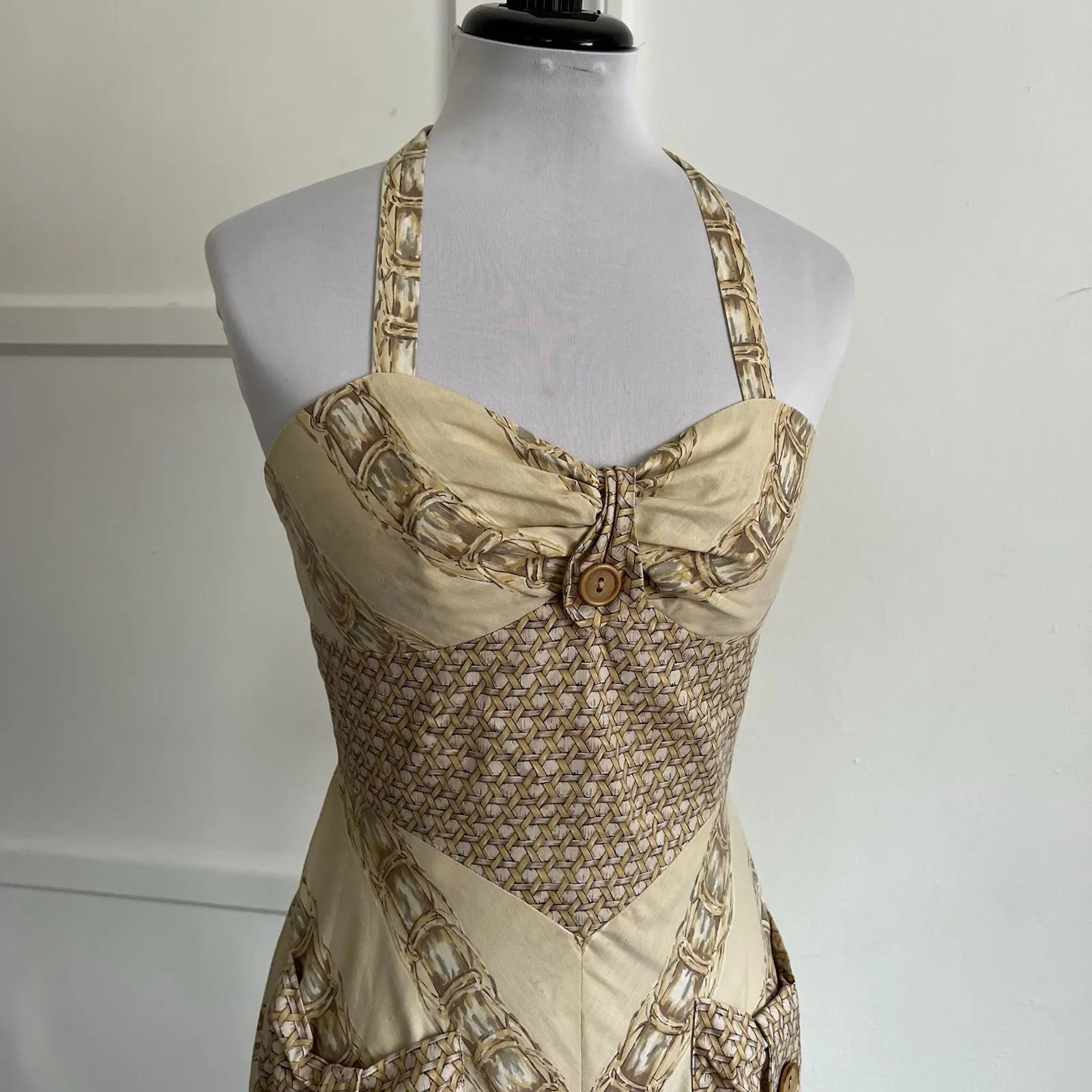 Vintage Halter Sun Dress Geometric Print Pockets Cotton Pinup Fit & Flare 50s XS Brown - Image 2