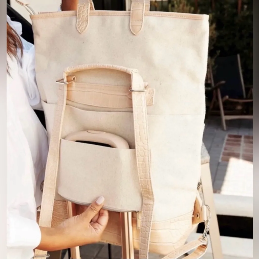 BEIS Everyday Convertible Backpack Tote Beige Cotton Canvas Faux Leather Straps - Image 13