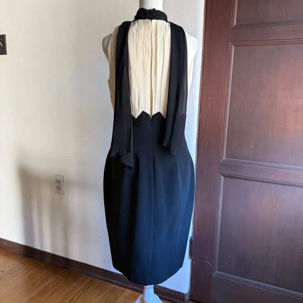 LUISA SPAGNOLI | Black & Cream Silk Surplice Bodice Beaded Cocktail Dress Size 6 - Image 2