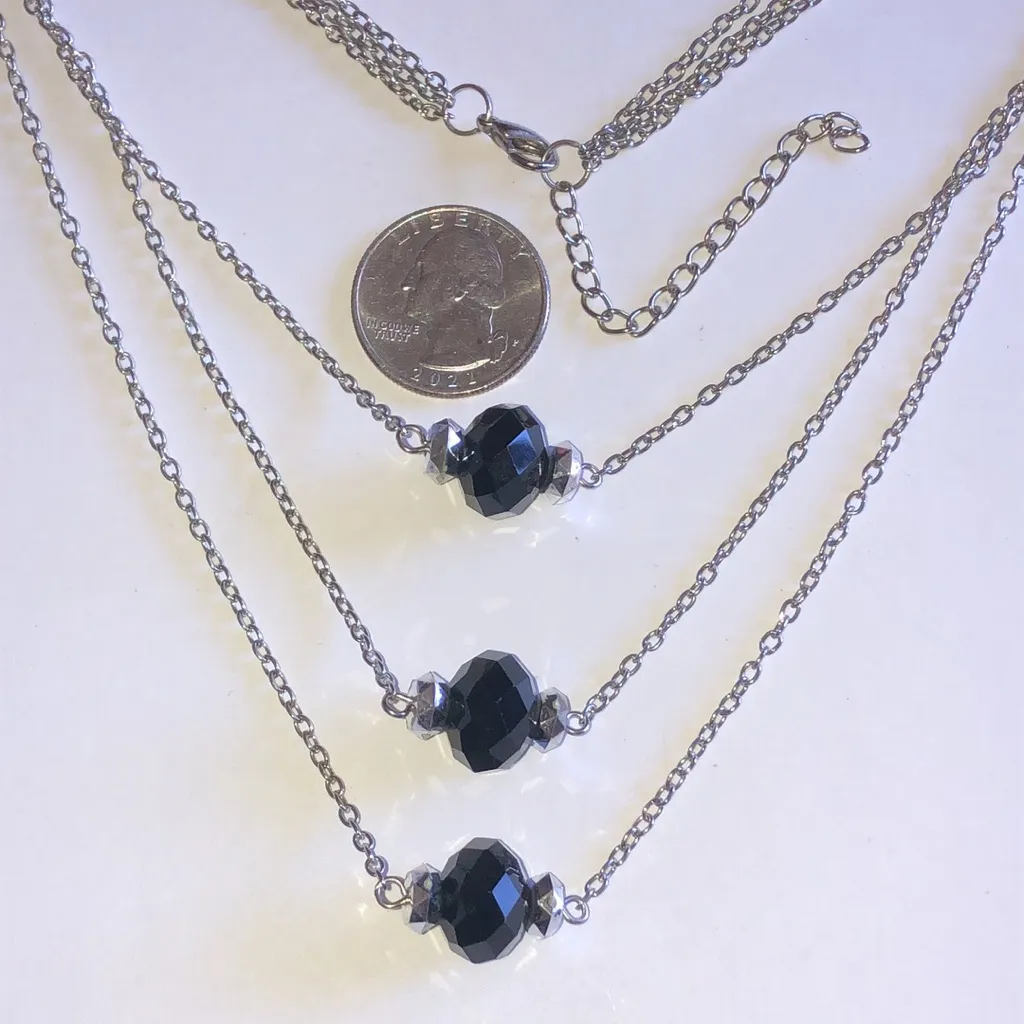 Elegant Silver Tone Triple Layer Black Beaded Boho Necklace - Image 3
