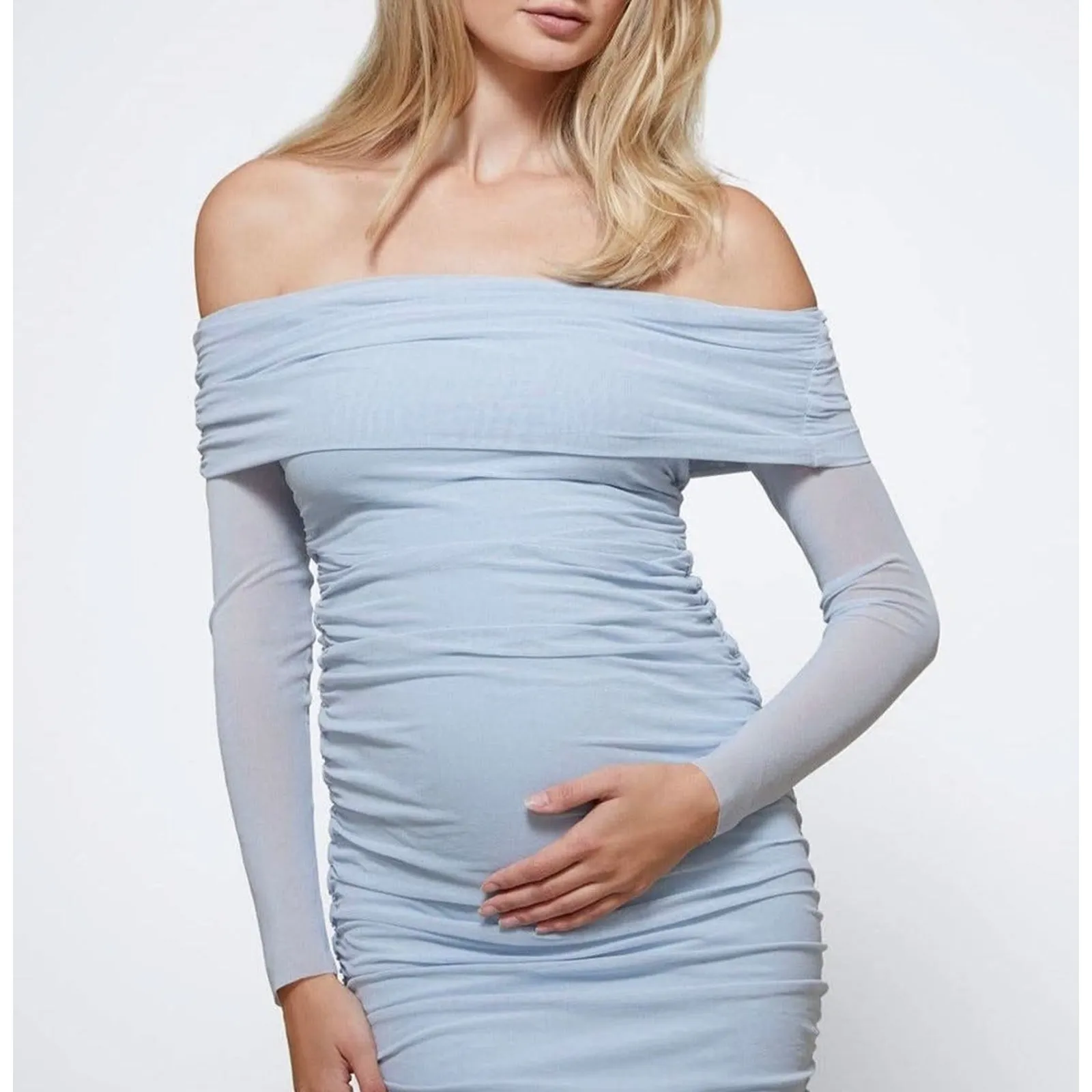 Bumpsuit Maternity Dress Medium Powder Blue Mesh Long Sleeve Of Shoulder Fitted - Image 10
