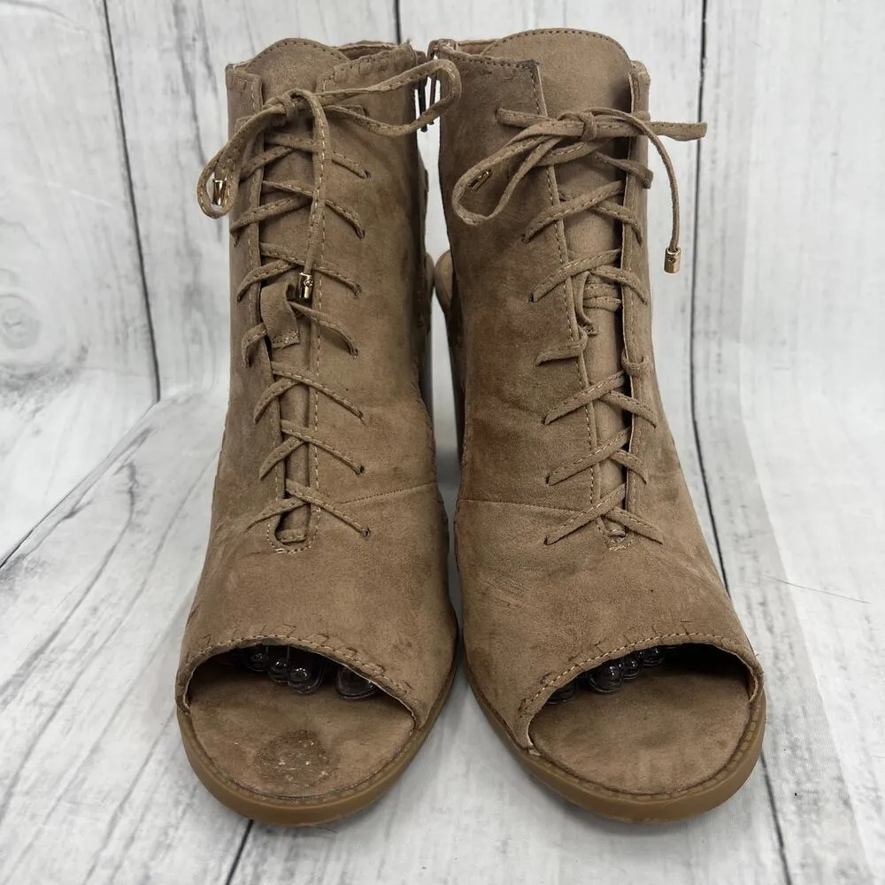 Report (11) BRAID Brown Faux Suede Leather Lace Up Heel Booties - Image 4