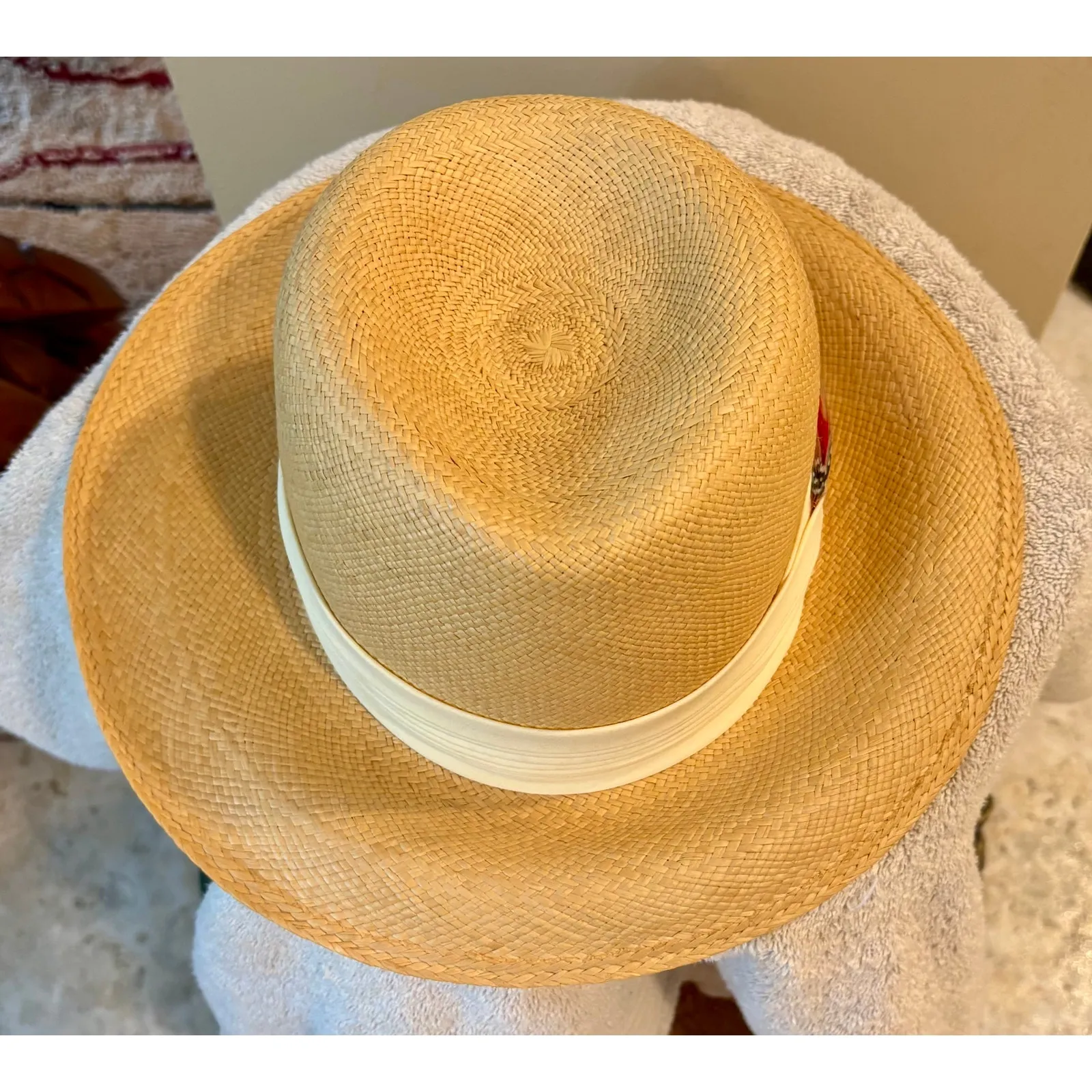 Vintage Styled By Coralie Cream Straw Hat Feather embellished Gambler Fedora White - Image 4