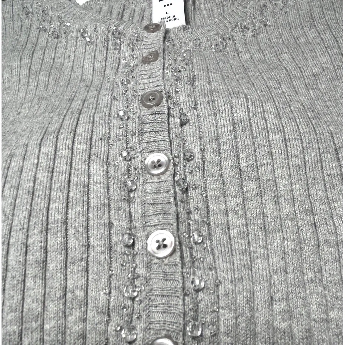 Y2K Ribbed Button Front Knit Cardigan‎ Heather Gray GAP Women S 2006 - Image 9