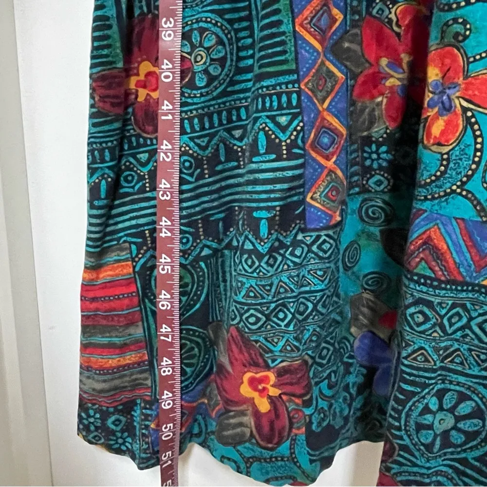 Women’s Vintage Hawaiian Maxi Dress size Medium Teal Floral Tribal Kaftan Casual Multiple - Image 12