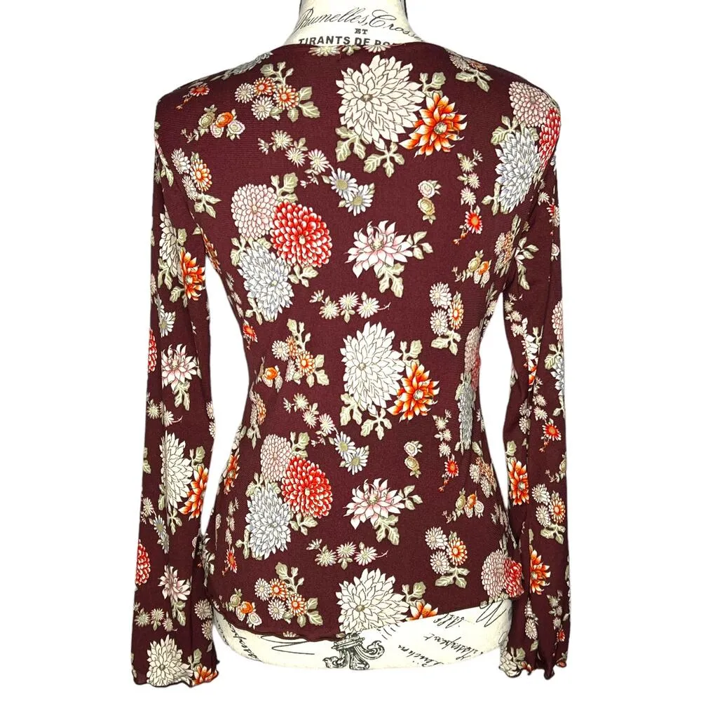 Old Navy MEDIUM Maroon Floral Empire Waist V-Neck Bust Detail Blouse Top - Image 5