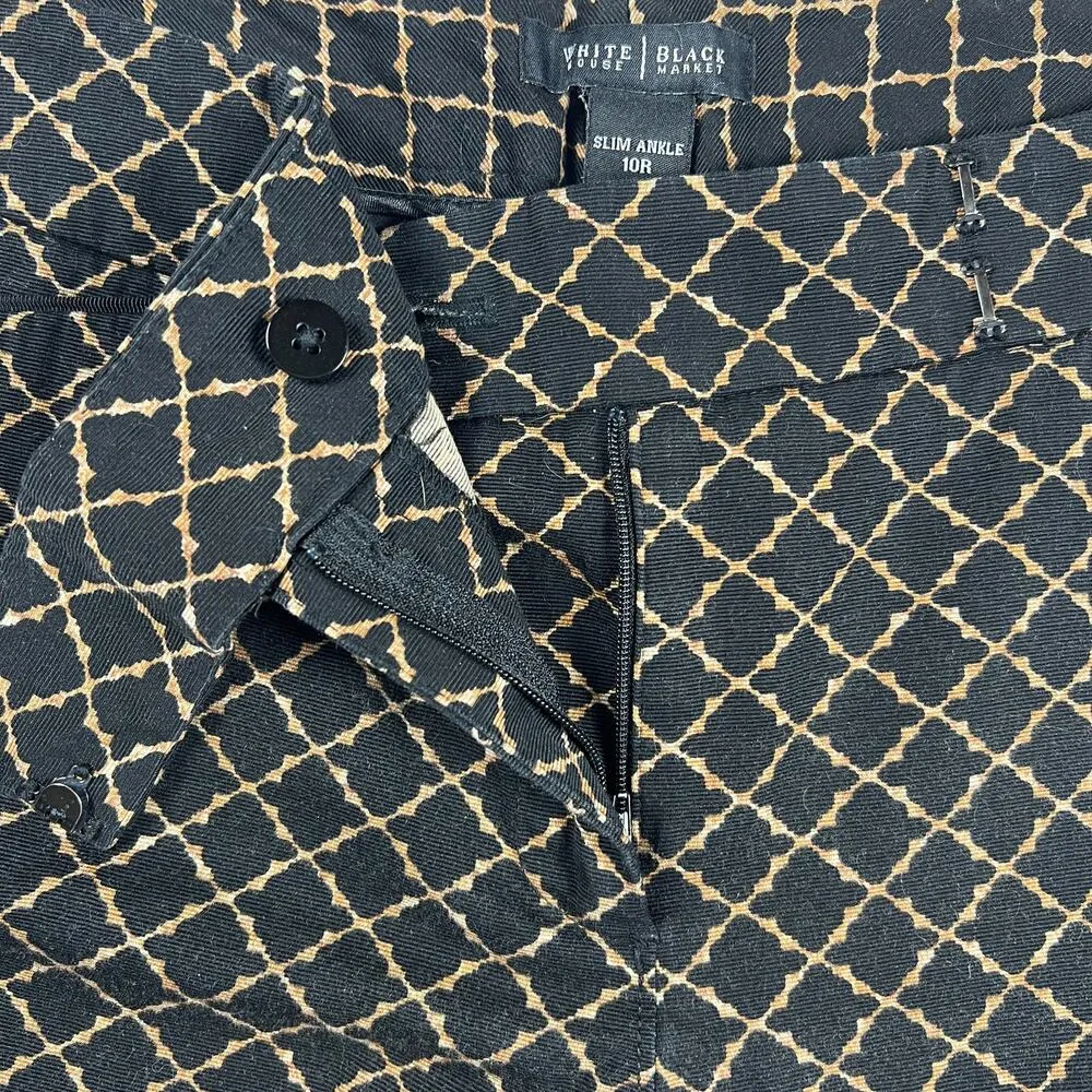 White House Black Market Slim Ankle Pants Black/Brown Geometric Pattern Size 10R - Image 7