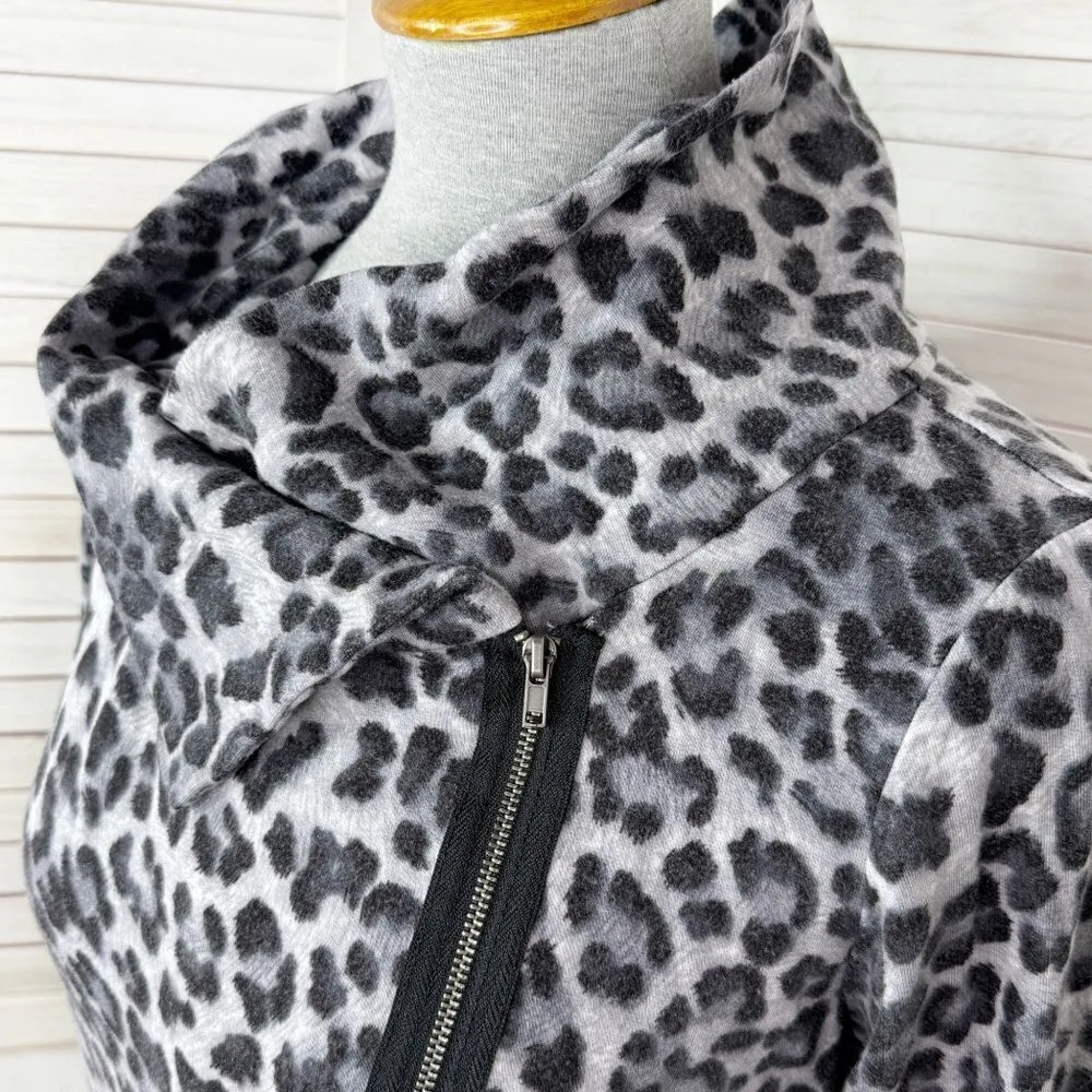 Bordeaux Leopard Print Side Zip Knit Moto Jacket Grey Black Medium Funnel Neck‎ - Image 10