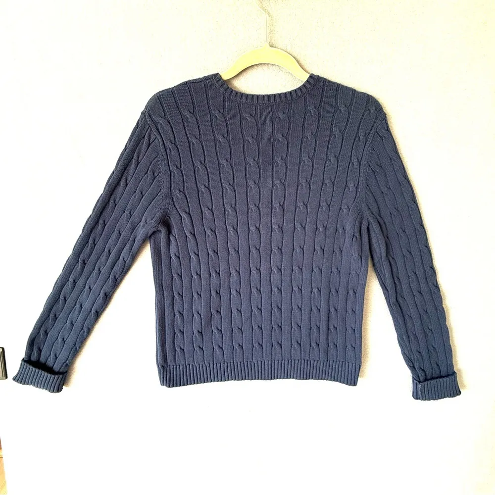 Chaps cable knit Dark Blue Cotton Sweater v-neck long sleeve‎ Large preppy y2k - Image 2