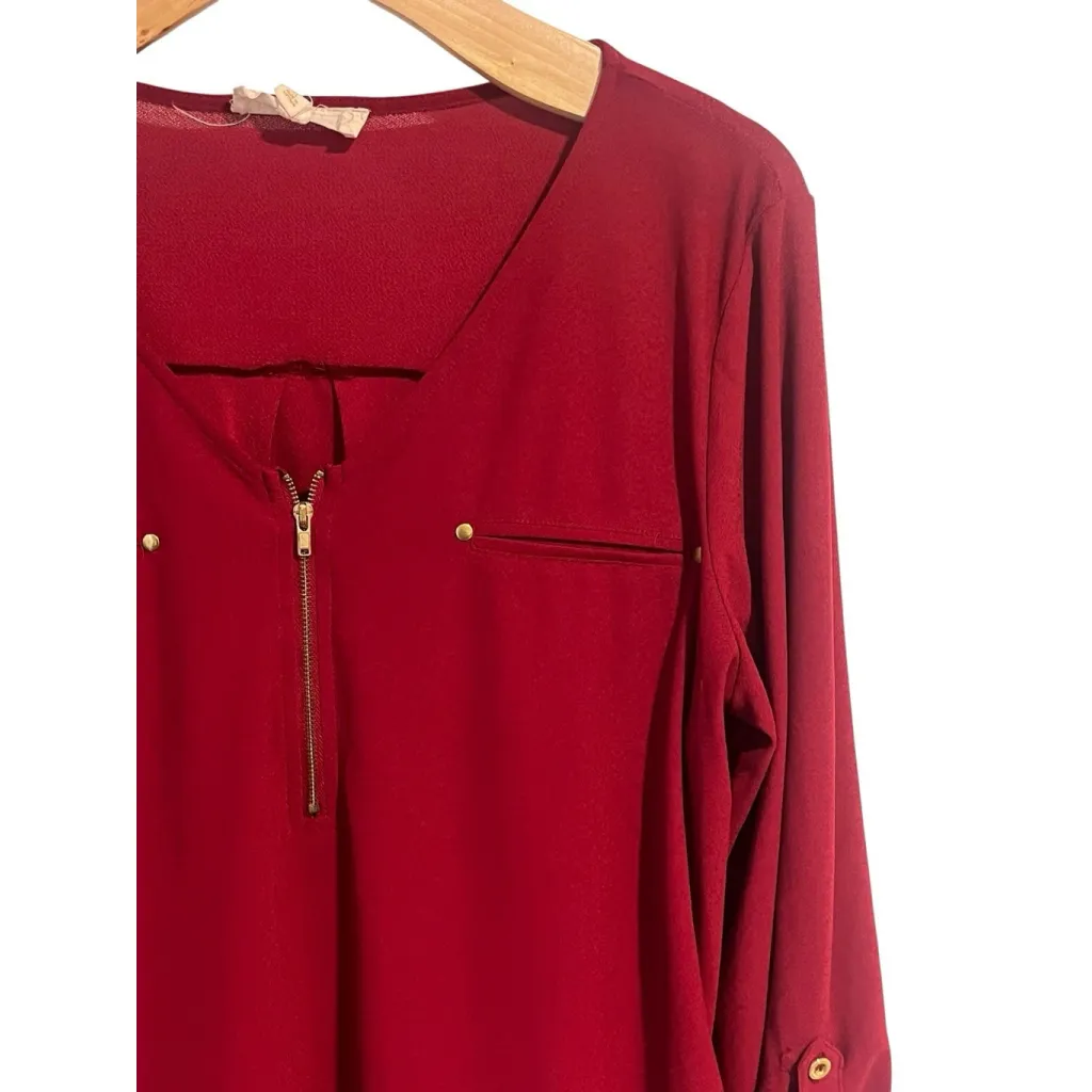 Sweet Wanderer Maternity Blouse Womens XL Red Elastic Sides Roll Tab Sleeve - Image 3