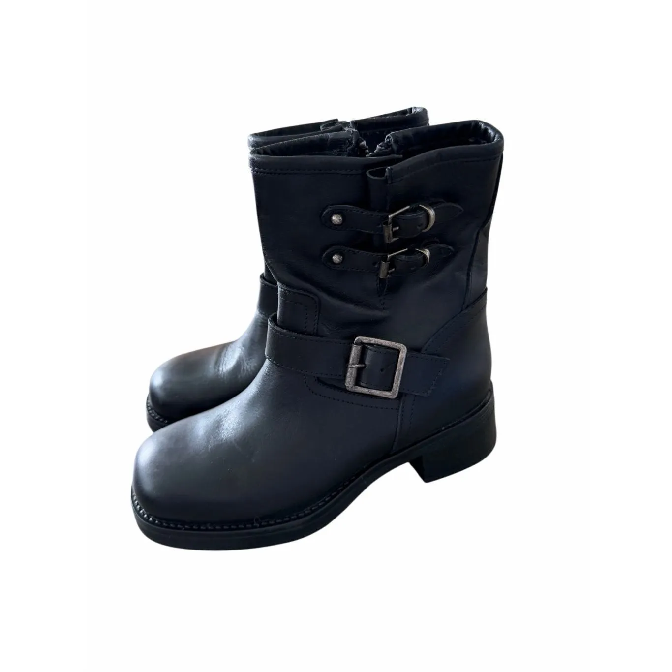 Steve Madden Leather Combat Boots 7 Black Antique Finished Buckles Chunky Sole - Image 3