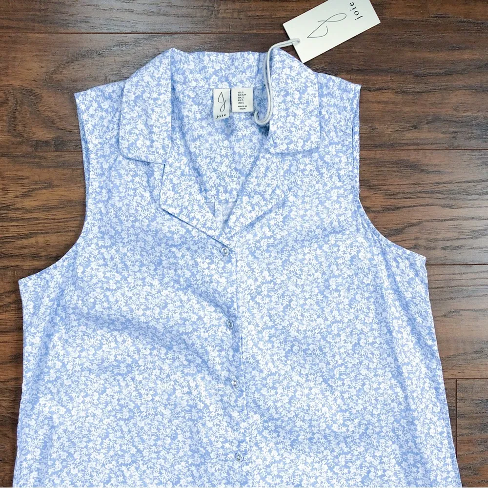 Joie • Floral Cotton Shift Dress blue white sleeveless shirtdress midi voile - Image 3