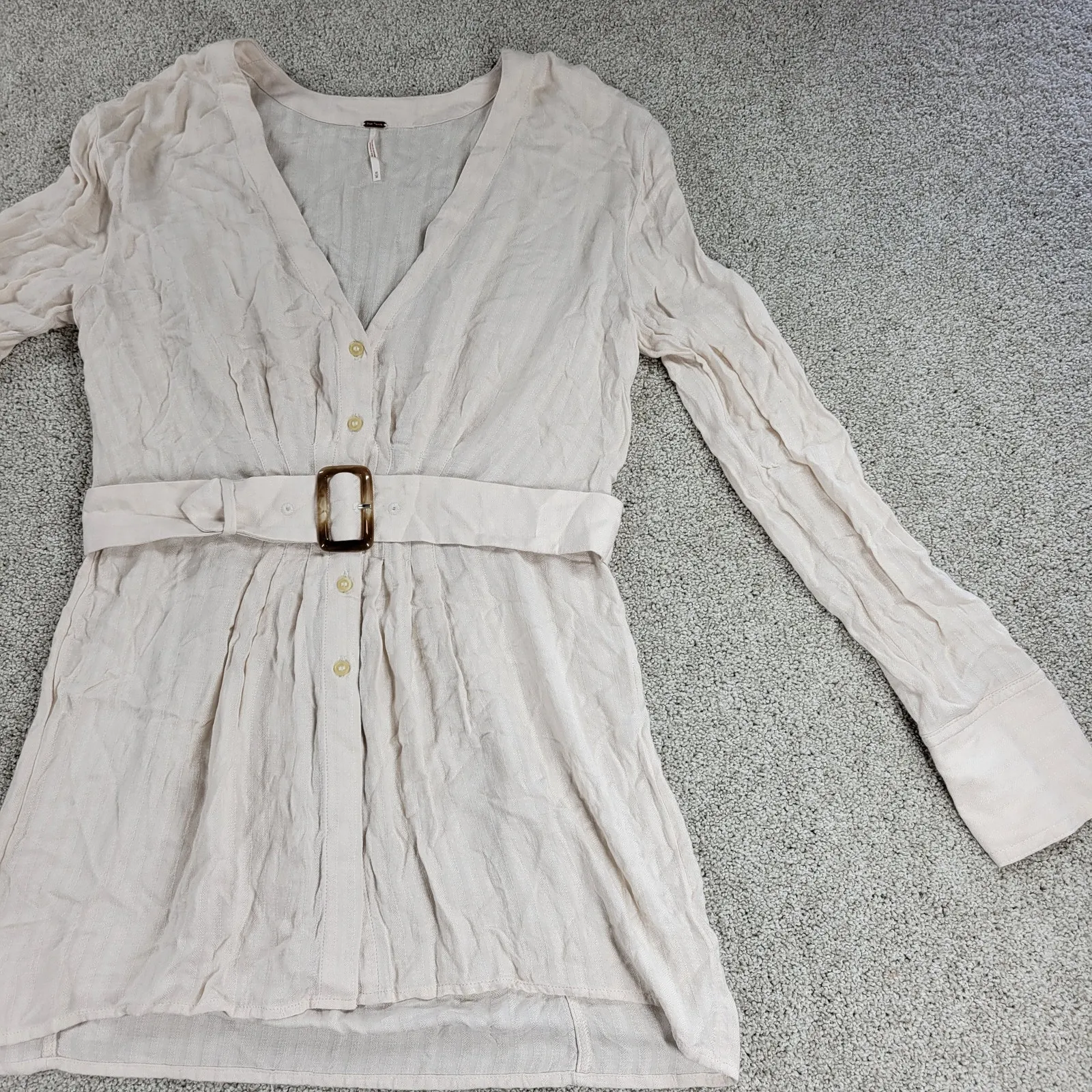 Free People Womens Belted‎ Top Medium Cream Solid Button Down Long Sleeve Blouse - Image 2