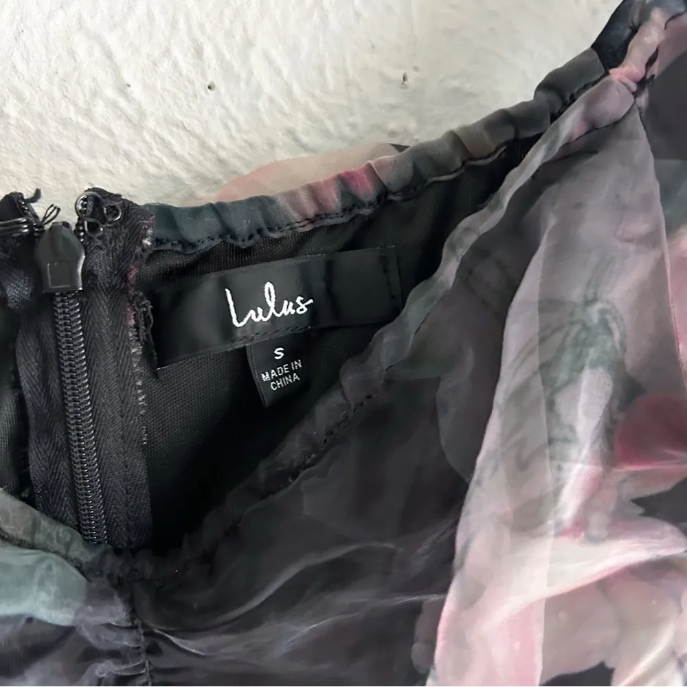 Lulus Midnight Mirage Black Floral Ruched Organza Bodycon Mini Dress Small - Image 5