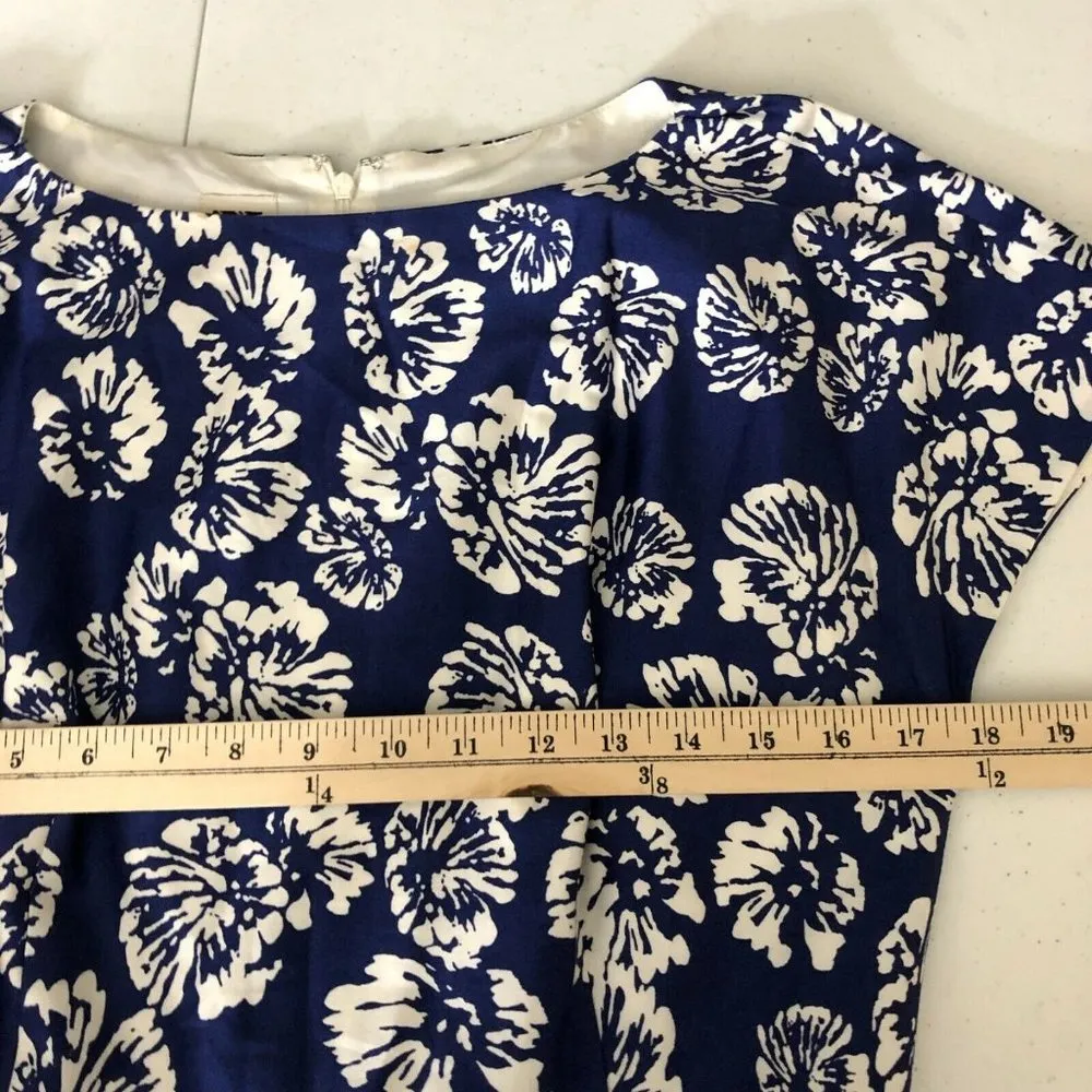 Anne Klein Dress A Line Belted Floral Cotton Blend Short Sleeve Blue White 8 - Image 7