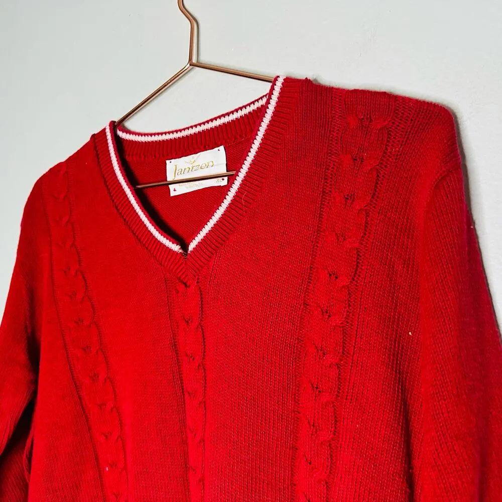 Vintage JANTZEN 1950s Red White Varsity V-Neckline Long Sleeve Sweater Size XL - Image 3