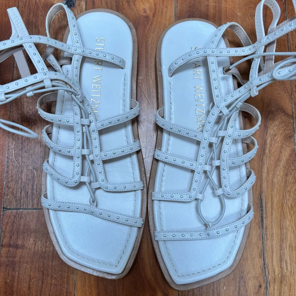 Stuart Weitzman Kora Lace Up Pearly Stud Gladiator Square Toe Sandals White 9.5 - Image 6
