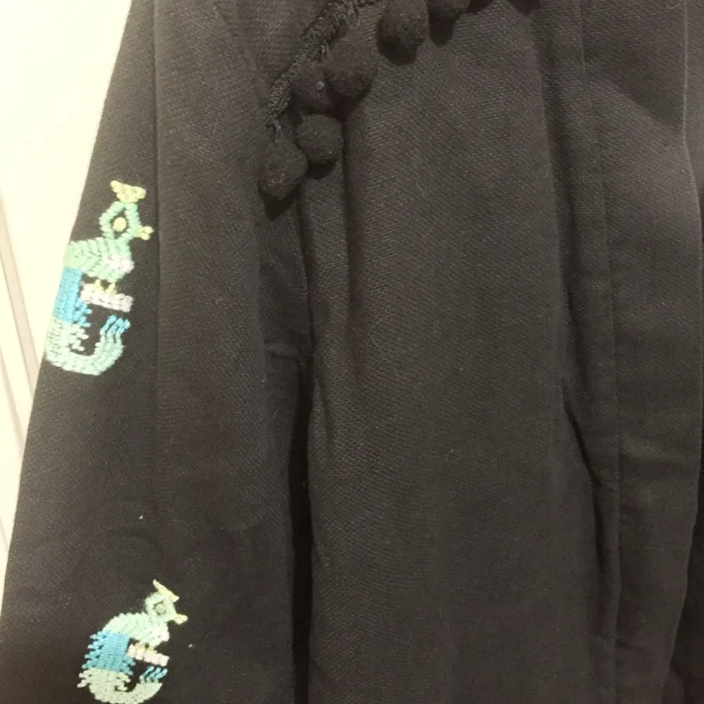 LUPE women's logo embroidered fringe trim thick warm cotton & linen blend jacket Black - Image 2