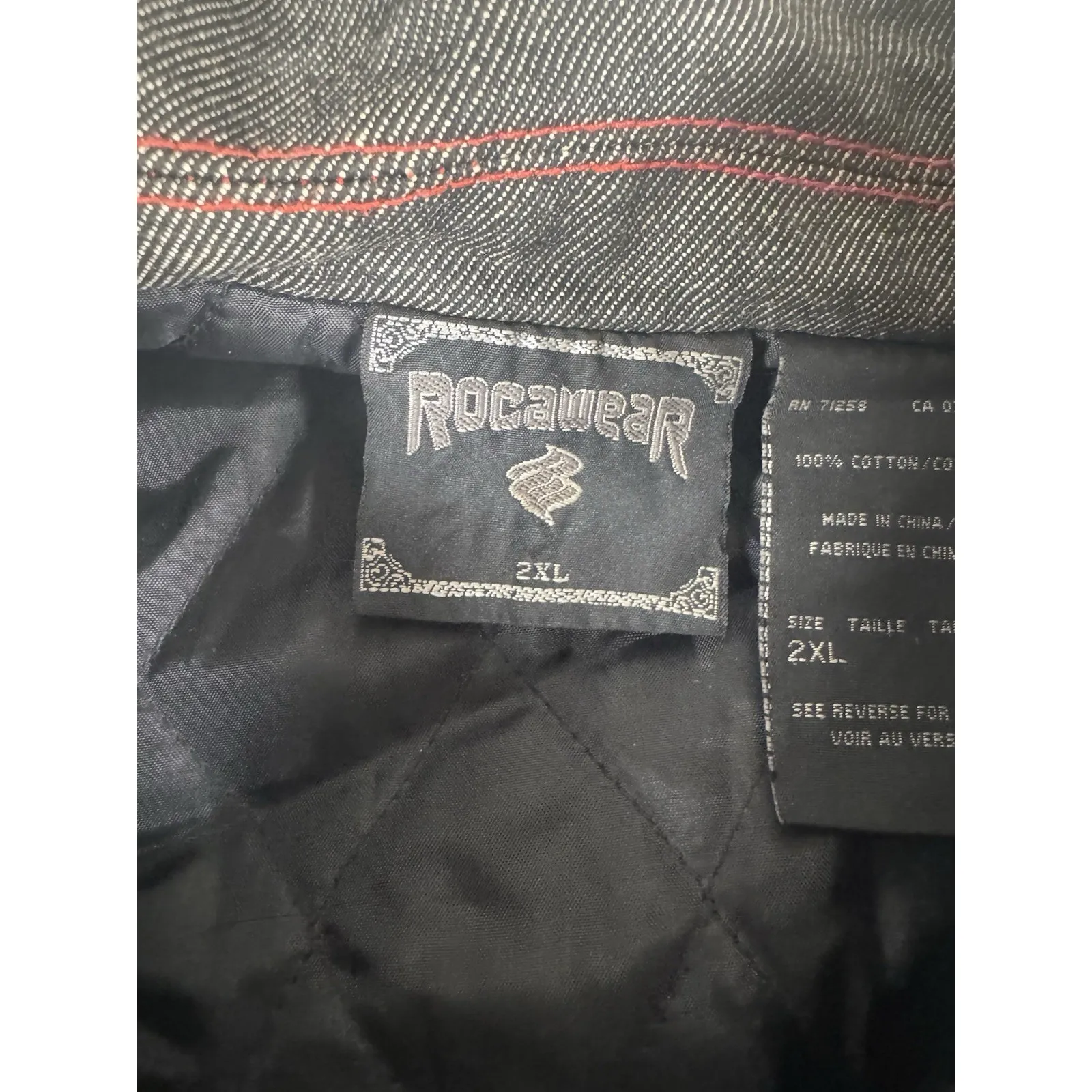 Rocawear Jean Jacket Men 2XL Black Denim Lined Red Stitch Hip Hop Streetwear Y2K - Image 4