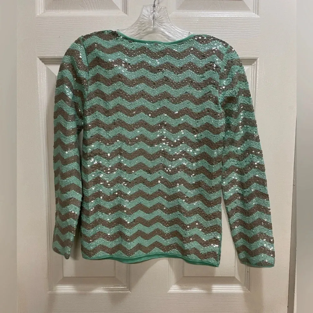 J. Crew Mint Green Chevron Sequin Top Party Holiday Festive Long Sleeve Size XS - Image 3